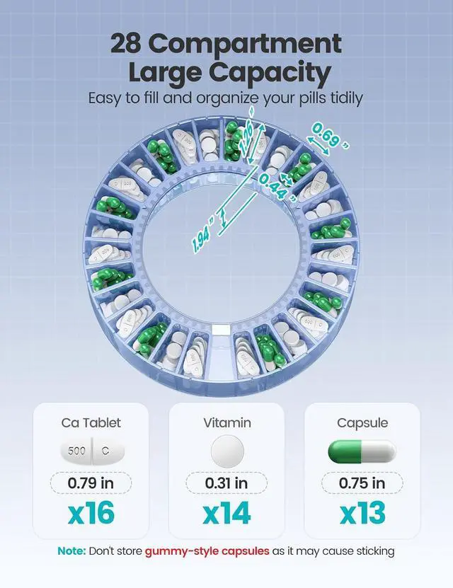 Alt view image 7 of 7 - 28-Day(1X) Automatic Pill Dispenser One-Press Daily Dispense (No APP), Easy-to-Use Slide-Door Cup, Sound & Light Alerts, Moisture-Proof Dual Desiccants, Large Compartments for Tablets & Capsules