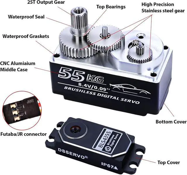 Alt view image 2 of 7 - 55kg Low-Profile Servo Programmable Brushless Digital Servo 0.09Sec High Speed Full Metal Gear Steering servo 1/10 Drift Car with servo Motor kit (180 Degree)