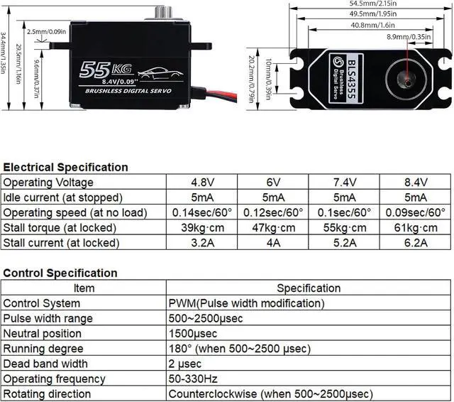 Alt view image 3 of 7 - 55kg Low-Profile Servo Programmable Brushless Digital Servo 0.09Sec High Speed Full Metal Gear Steering servo 1/10 Drift Car with servo Motor kit (180 Degree)