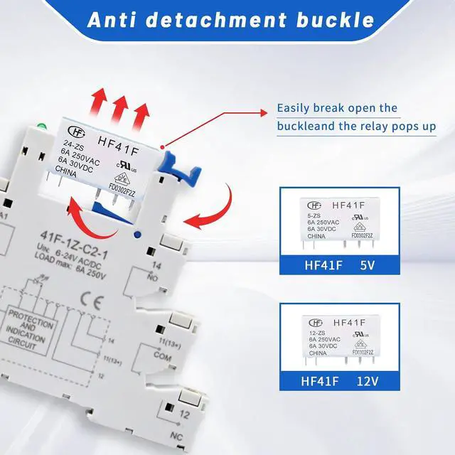 Alt view image 2 of 6 - (10Pcs) 24V Relay Din Rail;Silm;Signal Relay for PLC;24VDC and 24VAC Both;HF41F/24-ZS 5 Pin 1NO 1NC 6A SPDT with LED Indicator with Socket Base;Max 6A 250VAC;24 Coil dc/ac
