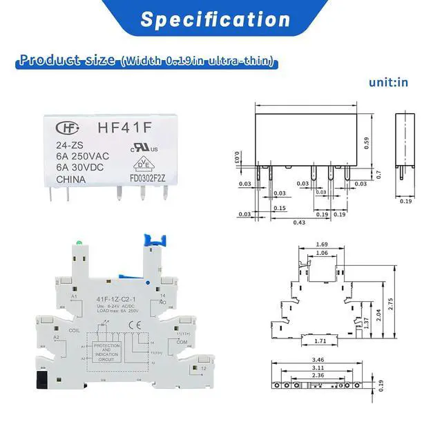 Alt view image 5 of 6 - (10Pcs) 24V Relay Din Rail;Silm;Signal Relay for PLC;24VDC and 24VAC Both;HF41F/24-ZS 5 Pin 1NO 1NC 6A SPDT with LED Indicator with Socket Base;Max 6A 250VAC;24 Coil dc/ac