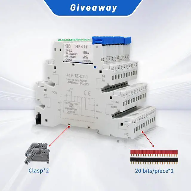 Alt view image 6 of 6 - (10Pcs) 24V Relay Din Rail;Silm;Signal Relay for PLC;24VDC and 24VAC Both;HF41F/24-ZS 5 Pin 1NO 1NC 6A SPDT with LED Indicator with Socket Base;Max 6A 250VAC;24 Coil dc/ac
