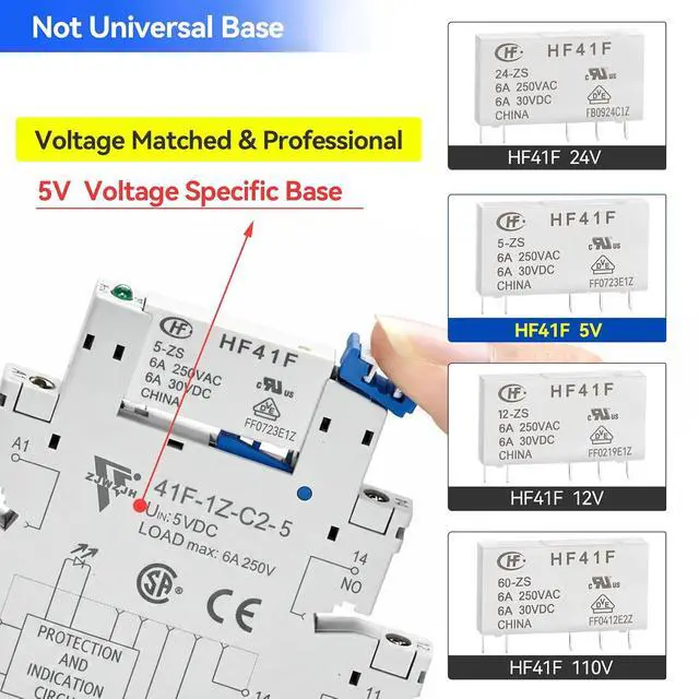 Alt view image 4 of 7 - UL Listed 5V Electromagnetic Relay 5 Volt Relay Miniature 1NO 1NC 6Amp SPDT with LED Indicator, Socket Base DIN Rail Module 20Pcs