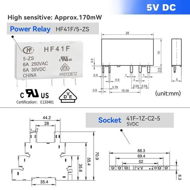Alt view image 7 of 7 - UL Listed 5V Electromagnetic Relay 5 Volt Relay Miniature 1NO 1NC 6Amp SPDT with LED Indicator, Socket Base DIN Rail Module 20Pcs