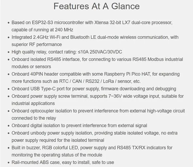 Alt view image 2 of 7 - Industrial ESP32-S3 6-Channel WiFi Relay Module, Supports W-iF-i/Blue-Too-th / RS485 Remote Control/Pico HAT, Built-in Power Isolation and Optocoupler Isolation Protection, with Rail-Mount Case