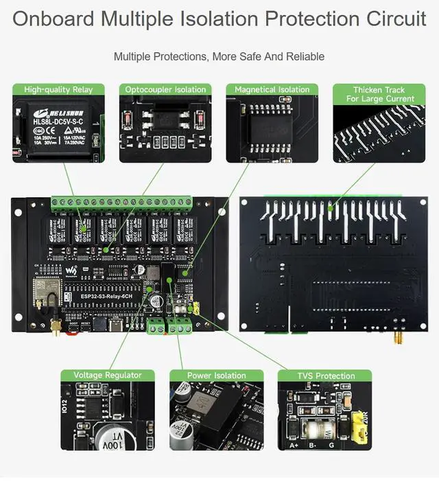 Alt view image 3 of 7 - Industrial ESP32-S3 6-Channel WiFi Relay Module, Supports W-iF-i/Blue-Too-th / RS485 Remote Control/Pico HAT, Built-in Power Isolation and Optocoupler Isolation Protection, with Rail-Mount Case