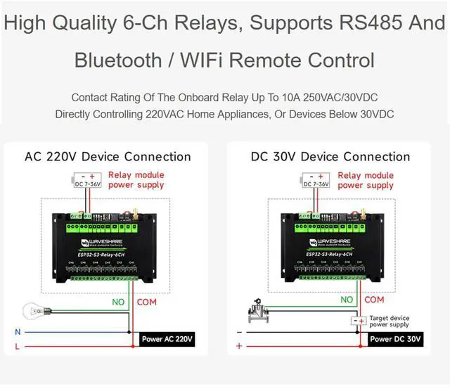 Alt view image 4 of 7 - Industrial ESP32-S3 6-Channel WiFi Relay Module, Supports W-iF-i/Blue-Too-th / RS485 Remote Control/Pico HAT, Built-in Power Isolation and Optocoupler Isolation Protection, with Rail-Mount Case
