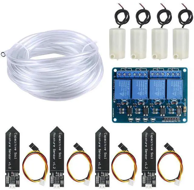 Main image of Automatic Irrigation DIY Kit Self Watering System with PDF Tutorial, 4pcs Capacitive Soil Moisture Sensor 4Channel 5V Relay Module and 4pcs Water Pump + 4M Vinyl Tubing for Garden Plant