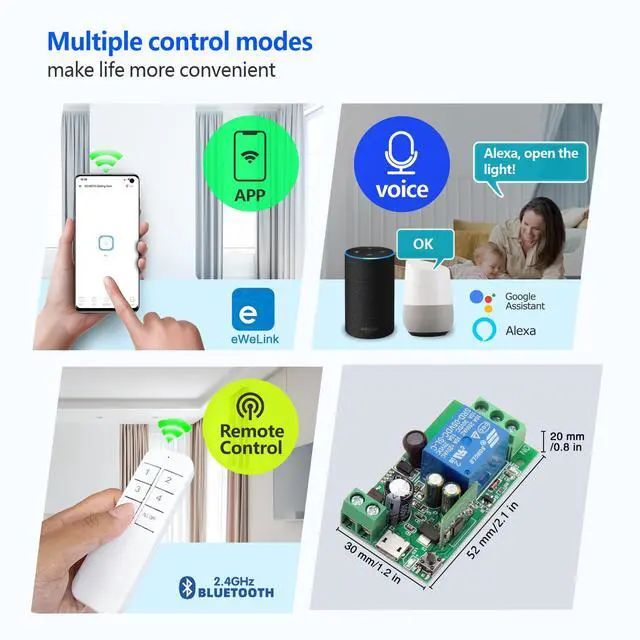 Alt view image 2 of 6 - 4x1 Channel WiFi Smart Switch with 1x Bluetooth Transmitter, DC 5V 12V 24V Passive Output Relay Module Ewelink APP WiFi Control Compatible with Alexa/Google Home, Inching/Self-Locking Switch