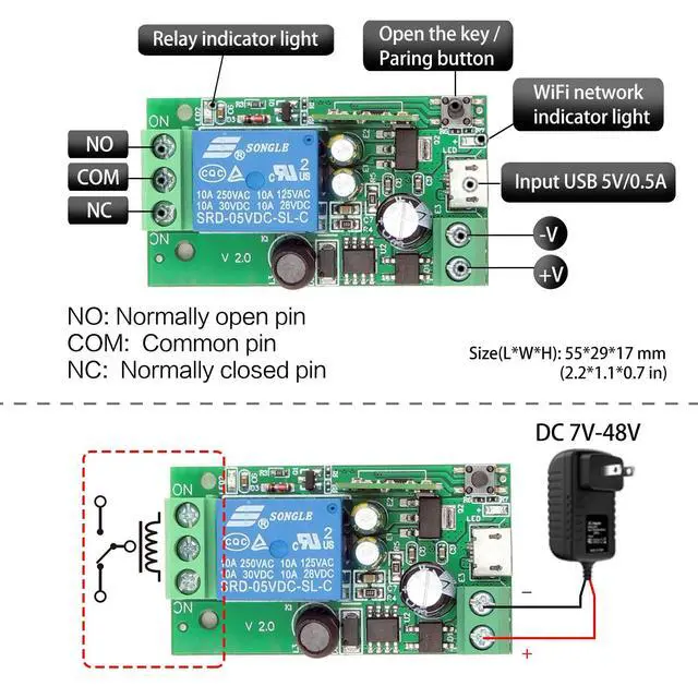 Alt view image 6 of 6 - 4x1 Channel WiFi Smart Switch with 1x Bluetooth Transmitter, DC 5V 12V 24V Passive Output Relay Module Ewelink APP WiFi Control Compatible with Alexa/Google Home, Inching/Self-Locking Switch