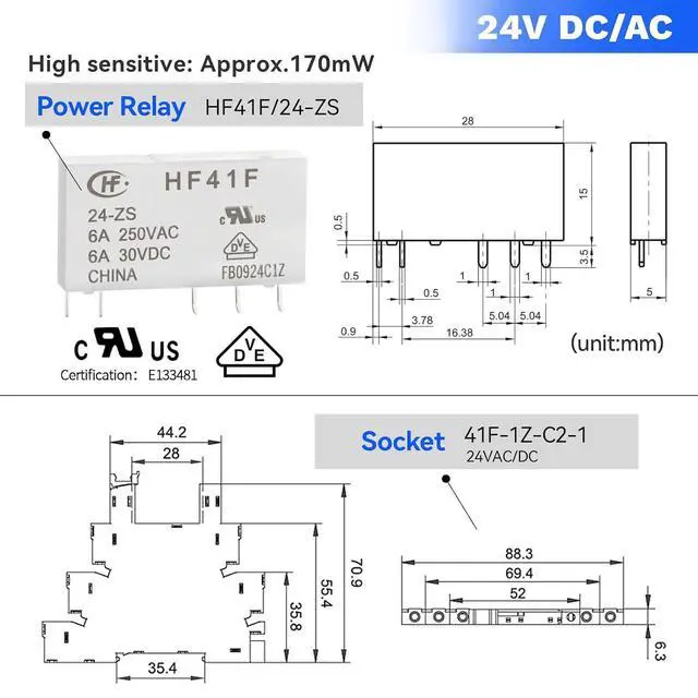 Alt view image 7 of 7 - UL Listed 10Pcs Miniature Electromagnetic Relay 24V Coil DC/AC; Signal for PLC; HF41F/24-ZS 1NO 1NC 6Amp SPDT with Jumper, Separator, Din Rail Relay 24V