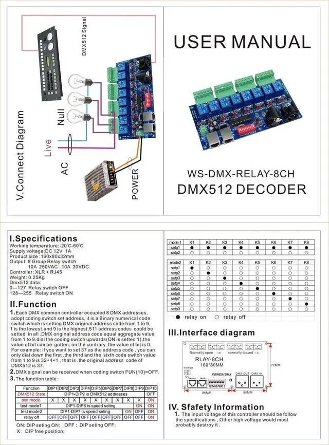 Alt view image 2 of 2 - 8CH DMX Relay Switch, 10A, Silver Alloy Contacts, Normally Open, XLR + RJ45, Automatic Operation, DIN Rail Mount1