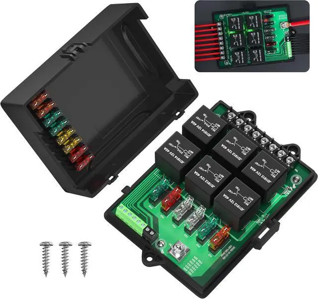 Main image of Relay Box Fuse Relay Box 12V Automotive Universal Fuse Panel with 6 Way Relays and 14 x ATC/ATO Blade Fuses 12 Volt Fuse Box Waterproof with Led Light and Relay Module