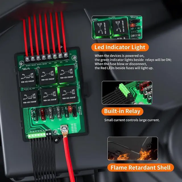 Alt view image 4 of 6 - Relay Box Fuse Relay Box 12V Automotive Universal Fuse Panel with 6 Way Relays and 14 x ATC/ATO Blade Fuses 12 Volt Fuse Box Waterproof with Led Light and Relay Module