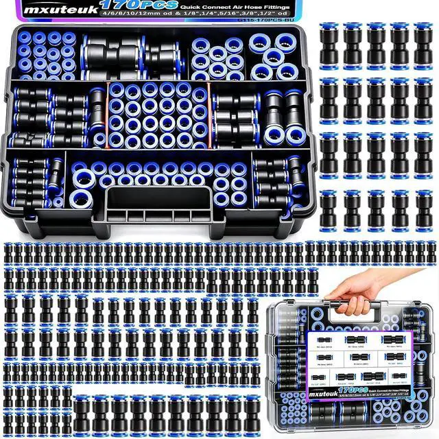 Main image of 170PCS Quick Connect Air Hose Fittings,1/8 1/4 5/16 3/8 1/2 inch & 4/6/8/10/12mm Straight Push to Connect Fittings,Quick Release Pneumatic Air Line Fitting