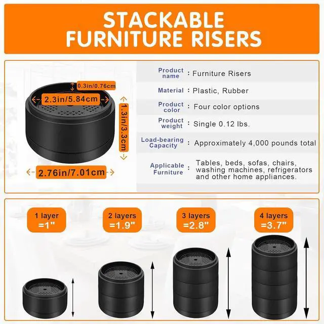 Alt view image 2 of 7 - Furniture Risers Bed Risers Heavy Duty 1 inch, 2 inch, 3 inch, 4 inch Round Adjustable Bed Lifts Riser for Desk Legs Table Couch Sofa Chair Refrigerator Washing Machine (1 Inch, Black, 32 Pack)