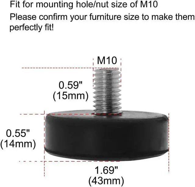 Alt view image 2 of 7 - M10 x 15 x 43mm Leveling Feet Adjustable Leveler Floor Protector Round Base for Furniture Chair Table Leg 24 Pack