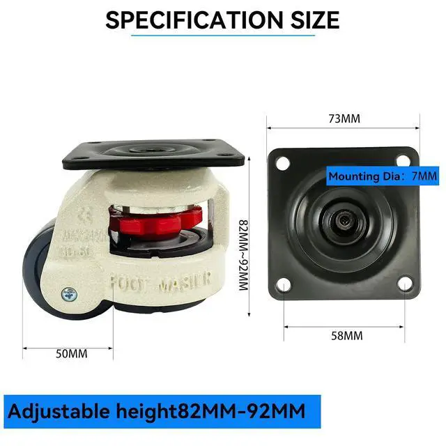 Alt view image 2 of 7 - 4 Pack 2 Inch Leveling Machine Casters 60F with Nylon Wheel and Rubber Foot- Loading Capacity 2200 lbs