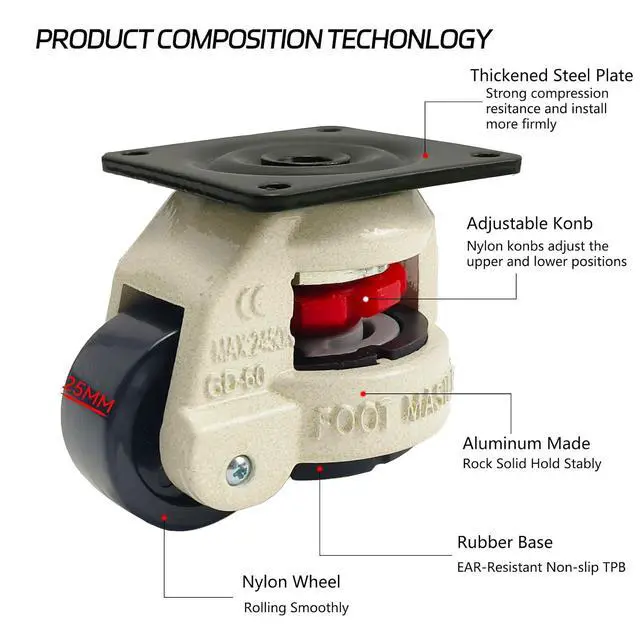 Alt view image 3 of 7 - 4 Pack 2 Inch Leveling Machine Casters 60F with Nylon Wheel and Rubber Foot- Loading Capacity 2200 lbs
