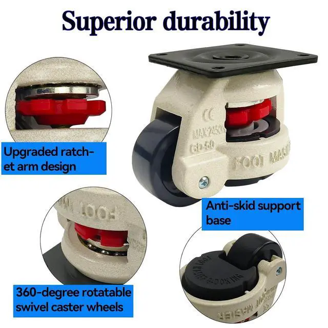 Alt view image 4 of 7 - 4 Pack 2 Inch Leveling Machine Casters 60F with Nylon Wheel and Rubber Foot- Loading Capacity 2200 lbs