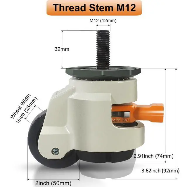 Alt view image 2 of 7 - Leveling Stem Casters, M12 Thread Casters Set of 4 Heavy Duty with Leveling feet, 2200 LBS Retractable Caster Wheels with Upgraded Ratchet Arm, Adjustable Height Casters for Workbench, Machine
