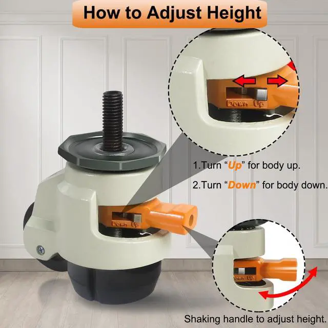 Alt view image 4 of 7 - Leveling Stem Casters, M12 Thread Casters Set of 4 Heavy Duty with Leveling feet, 2200 LBS Retractable Caster Wheels with Upgraded Ratchet Arm, Adjustable Height Casters for Workbench, Machine