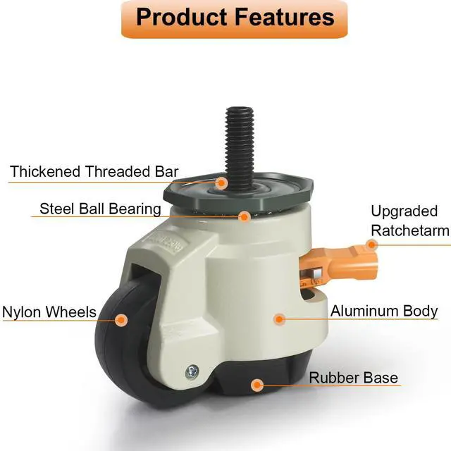 Alt view image 6 of 7 - Leveling Stem Casters, M12 Thread Casters Set of 4 Heavy Duty with Leveling feet, 2200 LBS Retractable Caster Wheels with Upgraded Ratchet Arm, Adjustable Height Casters for Workbench, Machine