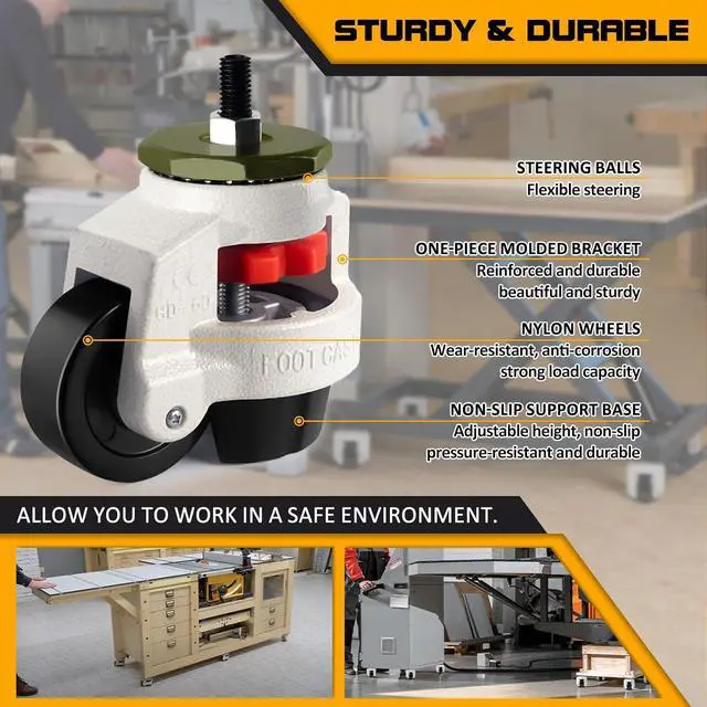 Alt view image 5 of 7 - Leveling Machine Casters with Nylon Wheel and Rubber Foot,Retractable Workbench Caster,Loading Capacity 2200 Lbs-4PCS(2 INCH)
