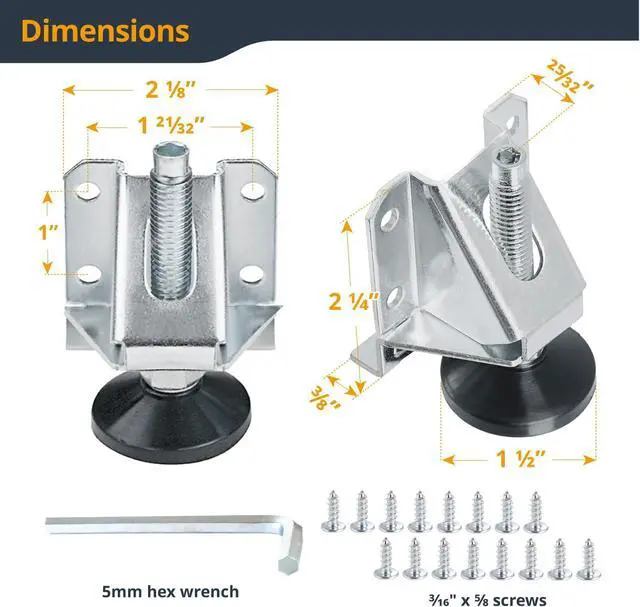 Alt view image 2 of 6 - Leveling Feet 16PK, Heavy Duty Adjustable Furniture Leg Levelers with Nylon Foot, Screws & Lock Nuts for Workbenches, Cabinets, Tables & Shelving (71136-P4)