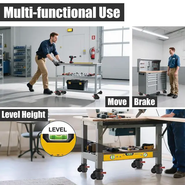 Alt view image 2 of 7 - Heavy Duty Leveling Casters Set of 4, 2200LBS Load Capacity Adjustable Leveling Feet, Retractable Swivel Industrial Plate Casters for Workbench, Machine, Equipment & Furniture 2 Inch FT60