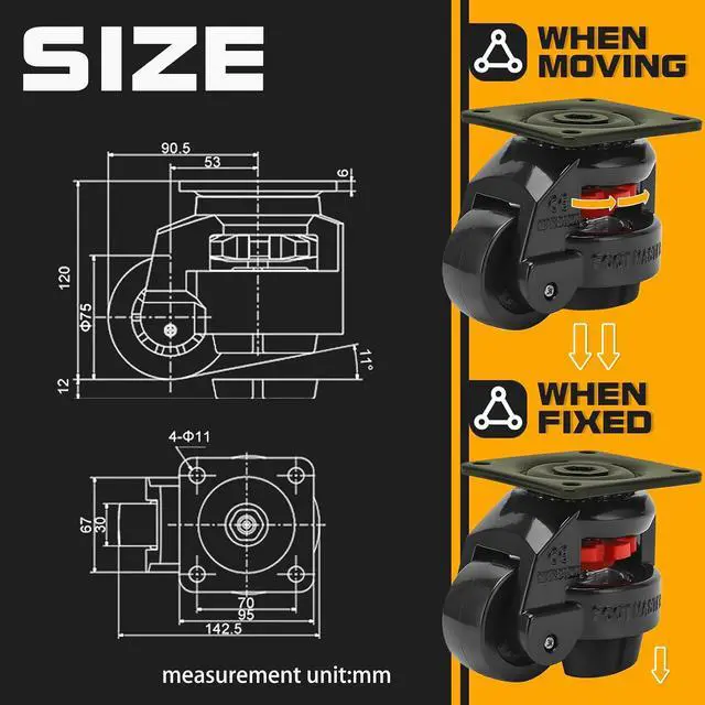 Alt view image 2 of 7 - Heavy Duty Leveling Casters,Leveling Machine Casters with Rubber Pad,FM-100F Plate Mounted Retractable Workbench Caster,Leveling Feet Wheels,Loading Capacity 6600 lbs, Pack of 4(Blck-3 INCH)