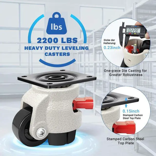 Alt view image 3 of 7 - Leveling Casters Heavy Duty with Upgraded Ratchet Handle Design, 360 Degree Swivel Castor Wheels, Adjustable Casters with Feet for Workbench, Machine, Total Capacity 2200 Lbs (8 Pack)