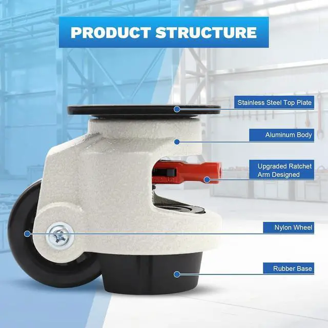 Alt view image 6 of 7 - Leveling Casters Heavy Duty with Upgraded Ratchet Handle Design, 360 Degree Swivel Castor Wheels, Adjustable Casters with Feet for Workbench, Machine, Total Capacity 2200 Lbs (8 Pack)