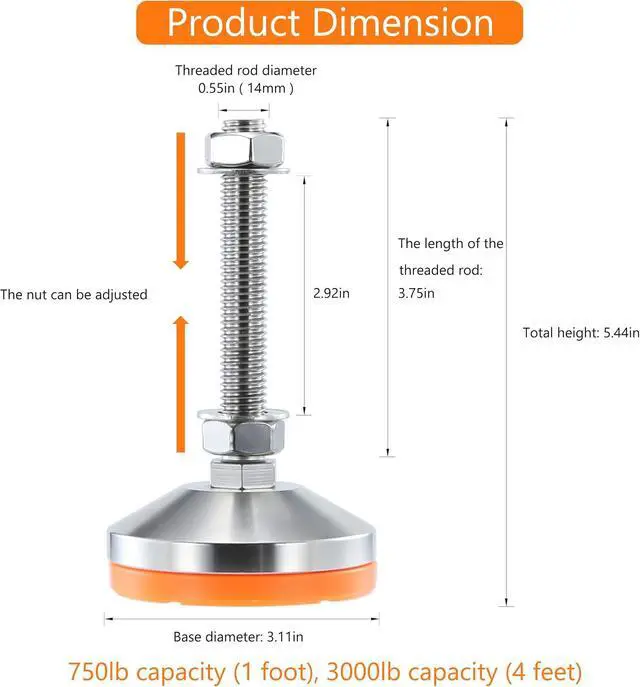Alt view image 2 of 7 - Heavy Duty 3000 lb Capacity Stainless Steel Adjustable Leveling Feet for Shelving,Machinery Devices, Workbench,Furniture,M14 Thread, 3.11inches Dia Base, Anti-Slip Nylon Pad