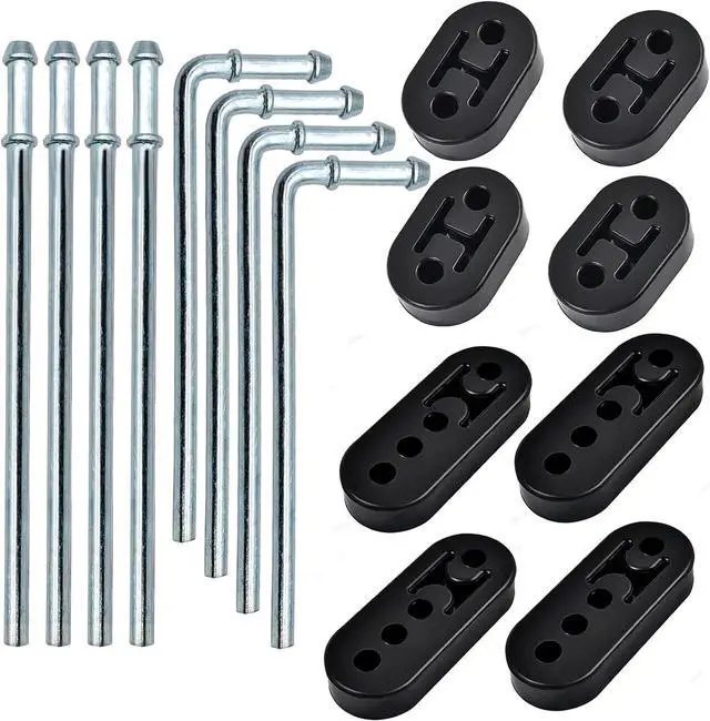Main image of Heavy Duty Rubber Exhaust Hanger Rod Set, 7.6" Long 3/8"Rod 90° + 10" Long Straight Muffler Hanger + 2 Hole 4 Hole Rubber EPDM Bushing Exhaust Rubber Hanger for Automotive (16Pcs)