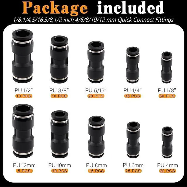 Alt view image 2 of 7 - 180 Pcs Air Line Quick Connect Fittings Assortment Kit,1/8" 1/4" 3/8" 1/2" and 4-12 mm Straight Push to Connect Fittings,Quick Connect Air Hose Fittings,Quick Release Pneumatic Kit