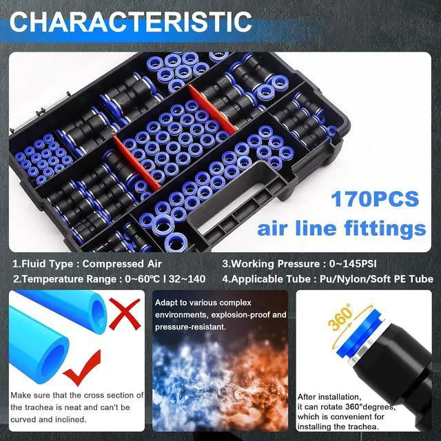 Alt view image 4 of 7 - 170PCS Quick Connect Air Hose Fittings,1/8 1/4 5/16 3/8 1/2 inch & 4/6/8/10/12mm Straight Push to Connect Fittings,Quick Release Pneumatic Air Line Fitting