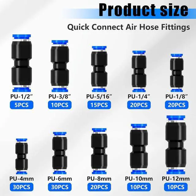 Alt view image 3 of 7 - 170PCS Quick Connect Air Hose Fittings,1/8 1/4 5/16 3/8 1/2 inch & 4/6/8/10/12mm Straight Push to Connect Fittings,Quick Release Pneumatic Air Line Fitting