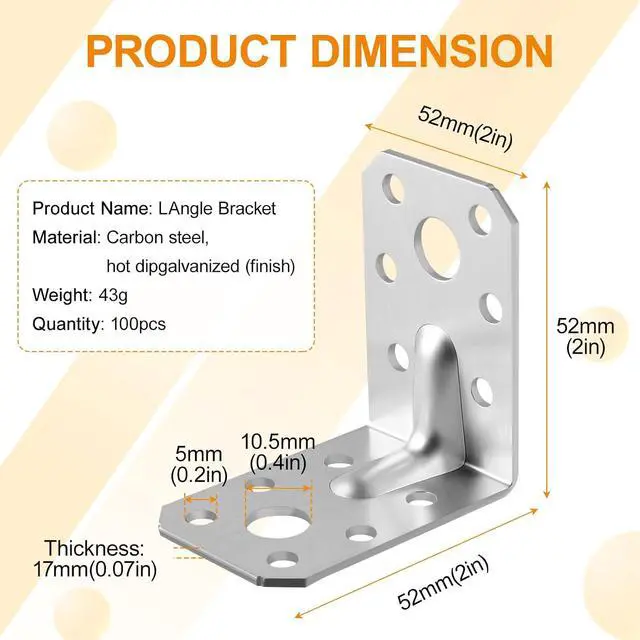 Alt view image 2 of 7 - 100PCS Shelf Brackets 2 inch L Brackets for Shelves Heavy Duty Stainless Steel Corner Brackets for Wood Right Angle Bracket 52x52mm Hardware Brackets for Wood Framing Furniture Reinforcement