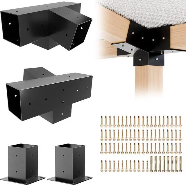 Main image of Pergola Kit, Slanted Roof Pergola Bracket, 4-Way Brackets with Post Base Kit, Log Cabin Outdoor 4"x 4" (Actual 3.5" X 3.5") Lumber