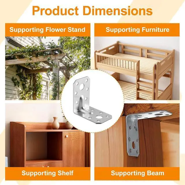Alt view image 6 of 7 - 100PCS Shelf Brackets 2 inch L Brackets for Shelves Heavy Duty Stainless Steel Corner Brackets for Wood Right Angle Bracket 52x52mm Hardware Brackets for Wood Framing Furniture Reinforcement