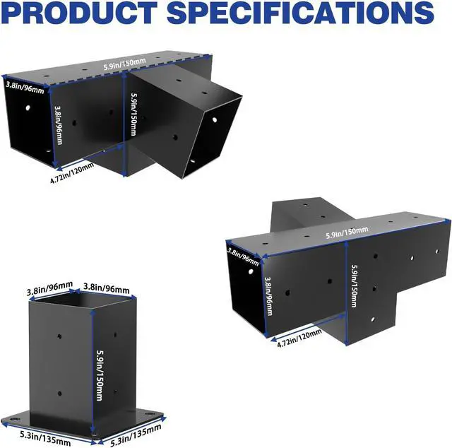 Alt view image 2 of 7 - Pergola Kit, Slanted Roof Pergola Bracket, 4-Way Brackets with Post Base Kit, Log Cabin Outdoor 4"x 4" (Actual 3.5" X 3.5") Lumber