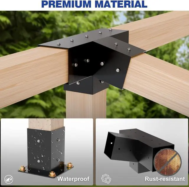 Alt view image 4 of 7 - Pergola Kit, Slanted Roof Pergola Bracket, 4-Way Brackets with Post Base Kit, Log Cabin Outdoor 4"x 4" (Actual 3.5" X 3.5") Lumber