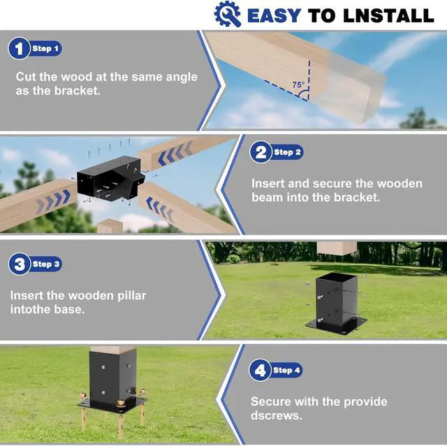 Alt view image 3 of 7 - Pergola Kit, Slanted Roof Pergola Bracket, 4-Way Brackets with Post Base Kit, Log Cabin Outdoor 4"x 4" (Actual 3.5" X 3.5") Lumber