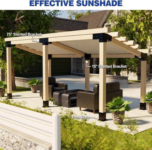 Alt view image 6 of 7 - Pergola Kit, Slanted Roof Pergola Bracket, 4-Way Brackets with Post Base Kit, Log Cabin Outdoor 4"x 4" (Actual 3.5" X 3.5") Lumber