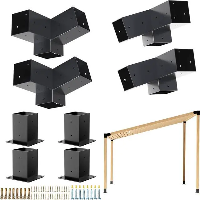 Main image of Pergola Kit, Slanted Roof Pergola Bracket, 3-Way Brackets with Post Base Kit, Log Cabin Outdoor 4"x 4" (Actual 3.5" X 3.5") Lumber