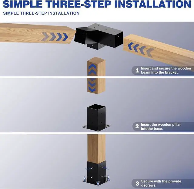 Alt view image 3 of 7 - Pergola Kit, Slanted Roof Pergola Bracket, 3-Way Brackets with Post Base Kit, Log Cabin Outdoor 4"x 4" (Actual 3.5" X 3.5") Lumber