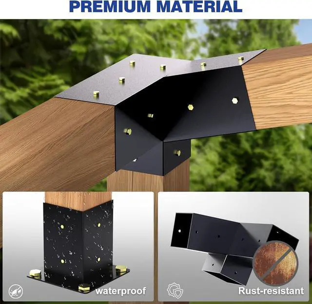 Alt view image 4 of 7 - Pergola Kit, Slanted Roof Pergola Bracket, 3-Way Brackets with Post Base Kit, Log Cabin Outdoor 4"x 4" (Actual 3.5" X 3.5") Lumber