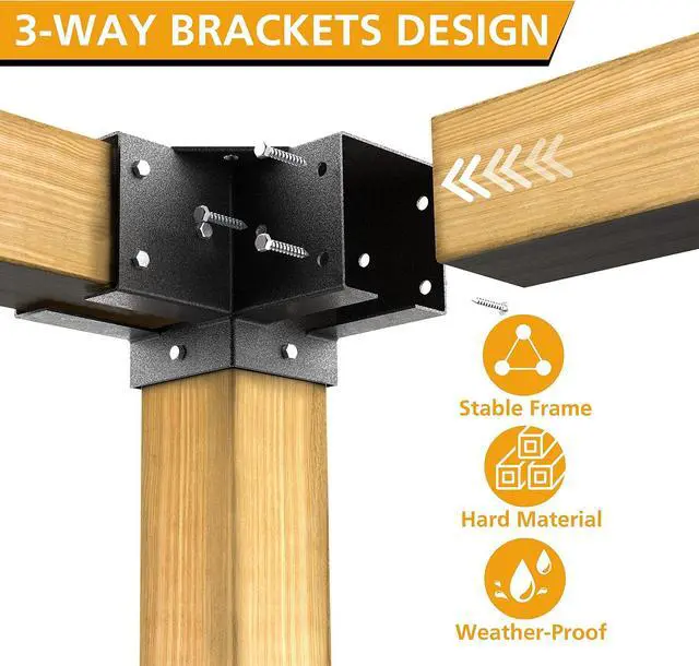 Alt view image 3 of 6 - Pergola Kit Corner Brackets for 4x4(3.5inchx3.5inch) Wood Posts, Powder Coated Steel Made, 3-Way 90°Angle for Hunting Blind, Deer Stand