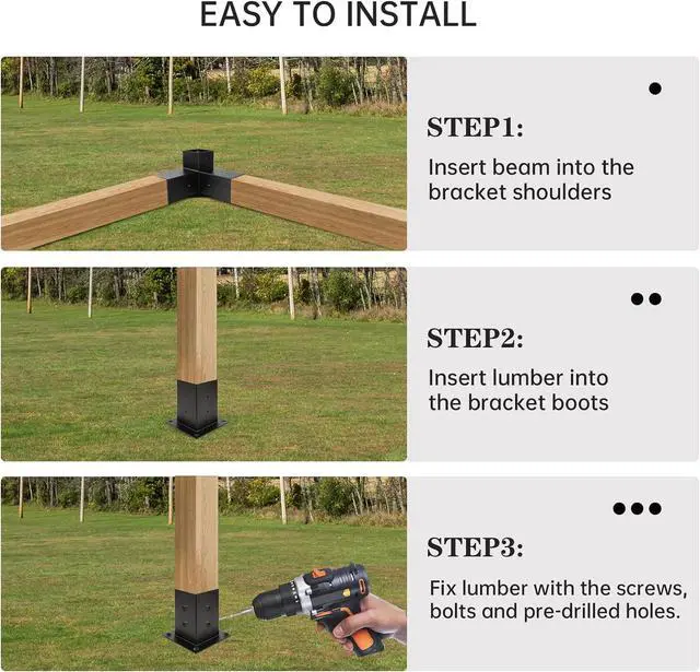 Alt view image 5 of 7 - Pergola Kit, Pergola Brackets 3-Way Right Angle Corner Bracket Woodworks DIY Post Base Kit, Wooden Beams for Gazebos Patio Pergolas Log Cabin
